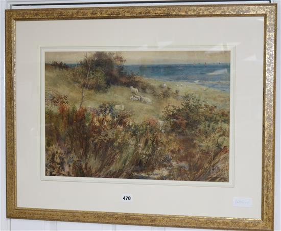 Carl Otto Hirsch, watercolour, sheep on a coastal hillside, signed and dated 91 36 x 53cm